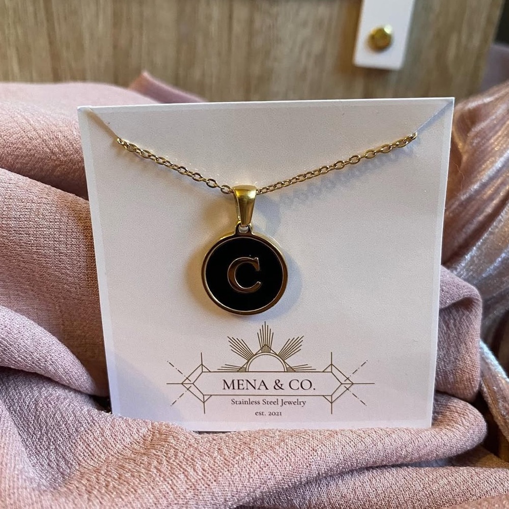 Gold Stainless Steel “C” Initial Pendant with a Black inlay necklace.